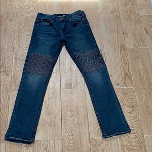 Dark blue biker skinny jeans (loose at the bottom)